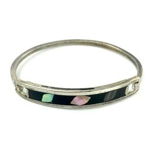 Vintage Alpaca Silver Bangle Bracelet Abalone Shell Inlay 70’s 80’s Western